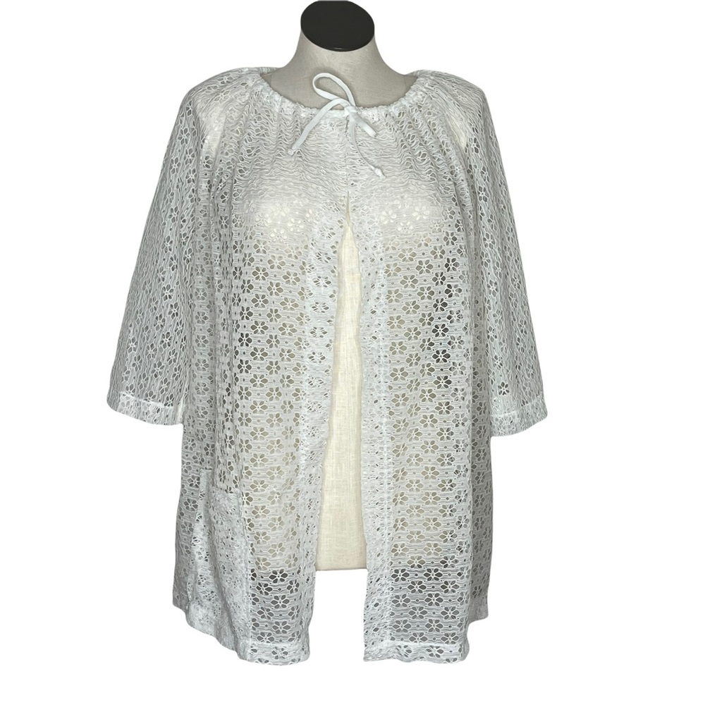 Vintage Lace‎ Cover-Up Jacket White 80s Lightweight Sheer Tie Neck Plus Size